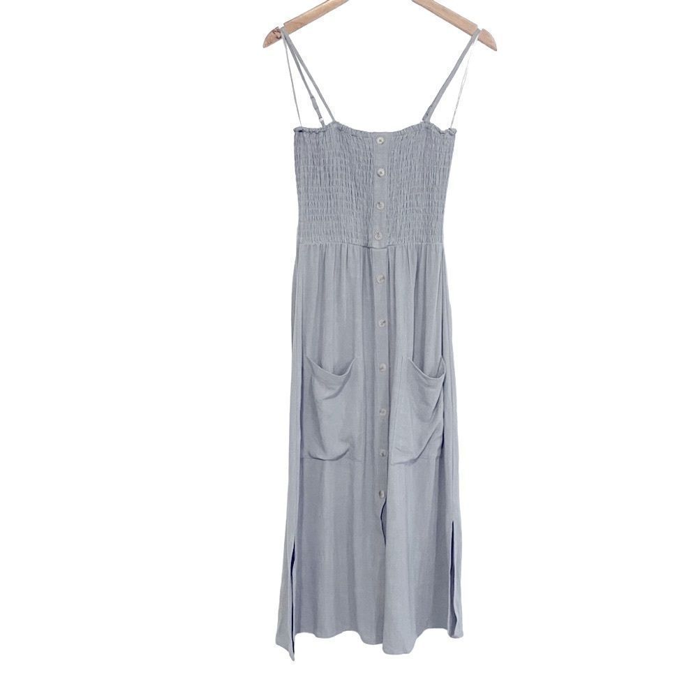 Smocked Light Blue Linen Blend Spaghetti Strap Button Front Midi Dress NWOT S